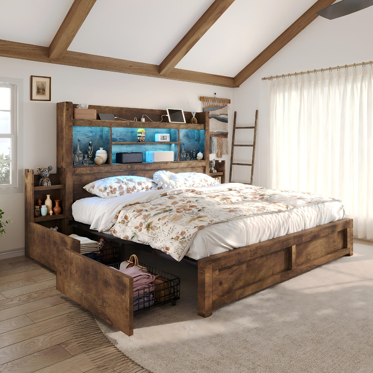 Farmhouse Wooden Bed Frame with 4 Storage Drawers, LED Bed Frame with 49" Tall Bookcase Headboard, Wood Platform Bed with Charging Station And 2 Slide Bedside Shelves