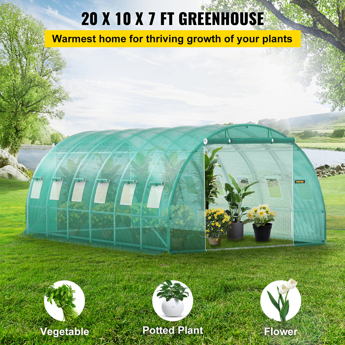 Walk-In Tunnel Greenhouse by VEVOR, 20 x 10 x 7 ft Plant Shelter with 12 Mesh Windows and Two Zippered Doors