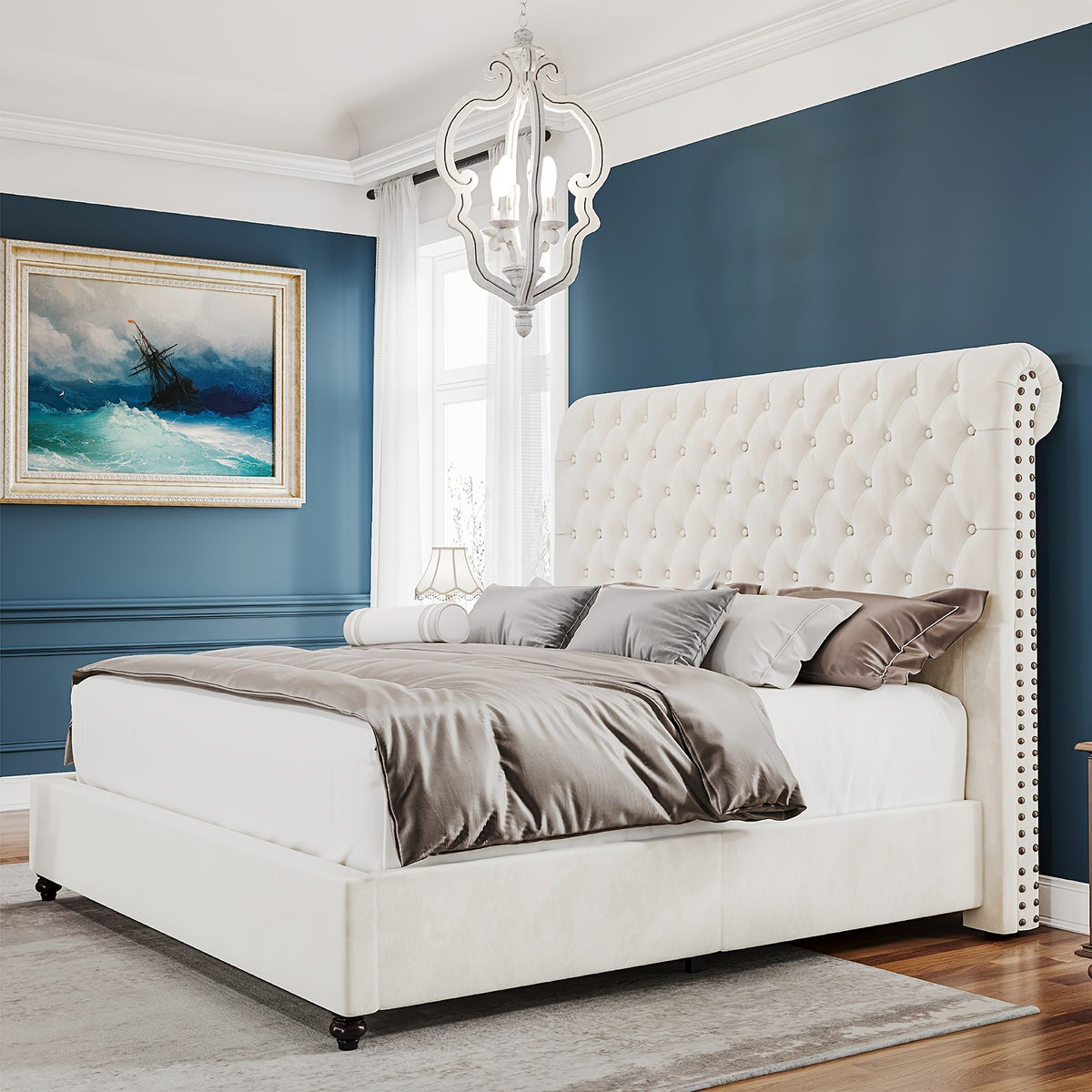 Papajet Upholstered Sleigh Platform Bed Frame with Diamond Button Tufted Headboard