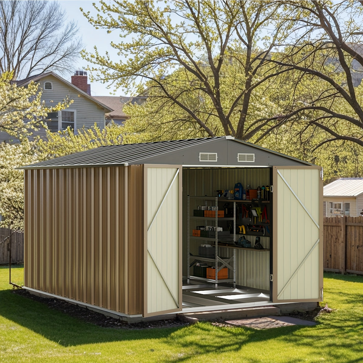 Outdoor Storage Shed by GUNJI, Lockable Steel Tool House in 5 x 2.7 ft or 8 x 10 ft Options