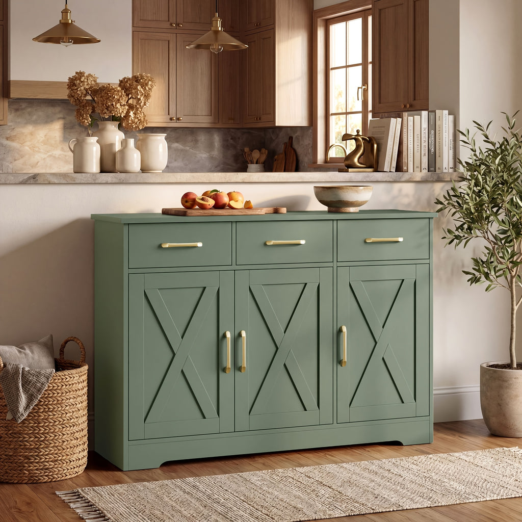 FULTRU Modern Farmhouse Cabinet with Barn Door & Sliding Panel Doors Suitable for Kitchen, Dining Room Storage, Freestanding Buffet Furniture with Drawers and Open Shelves, Assembly Required, Multifunctional Sideboard