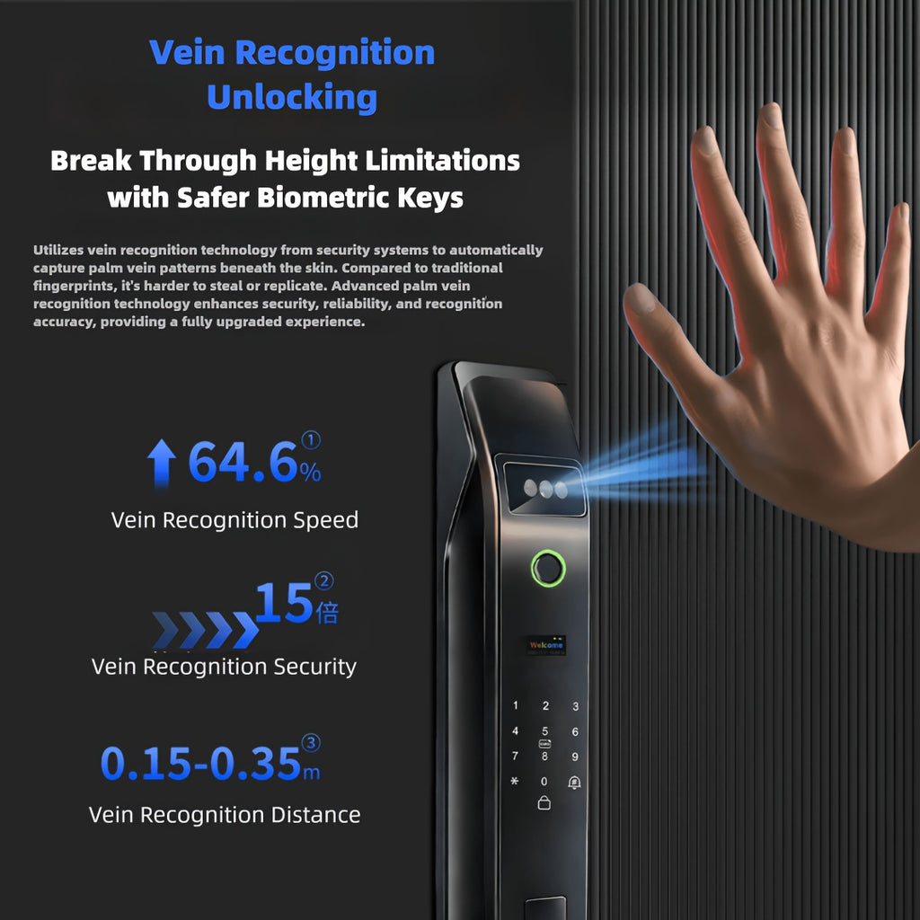 Modern AI Smart Lock with 3D Facial & Fingerprint/Palm Vein Biometric Entry, Keyless Door Lock Suitable for Home/Office, Remote Video Intercom System, Mobile App, Password/Key Entry, Smart Door Lock for Apartments
