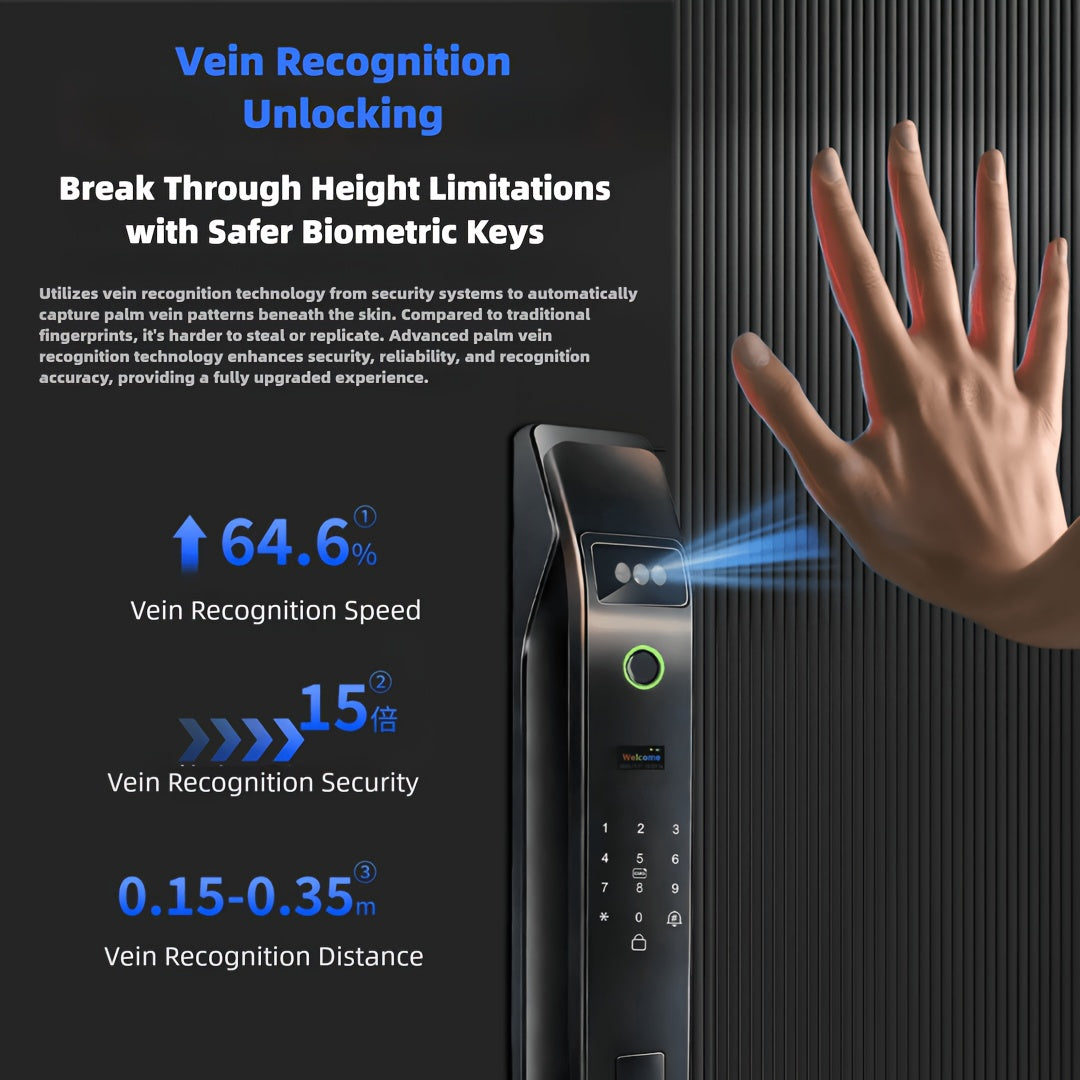 Modern AI Smart Lock with 3D Facial & Fingerprint/Palm Vein Biometric Entry, Keyless Door Lock Suitable for Home/Office, Remote Video Intercom System, Mobile App, Password/Key Entry, Smart Door Lock for Apartments