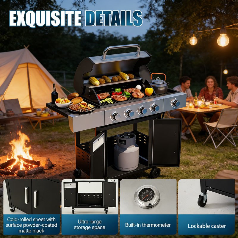 Upgraded 44000-49000 BTU 4-1 Burner Propane Gas Grill with Side Burner, Top thermometer, Outdoor BBQ Grill with Cast Iron Grates & Side Tables, 625 sq.in. Large Grilling Space for Summer Parties, Ideal for Backyard Patio & Camping, Black