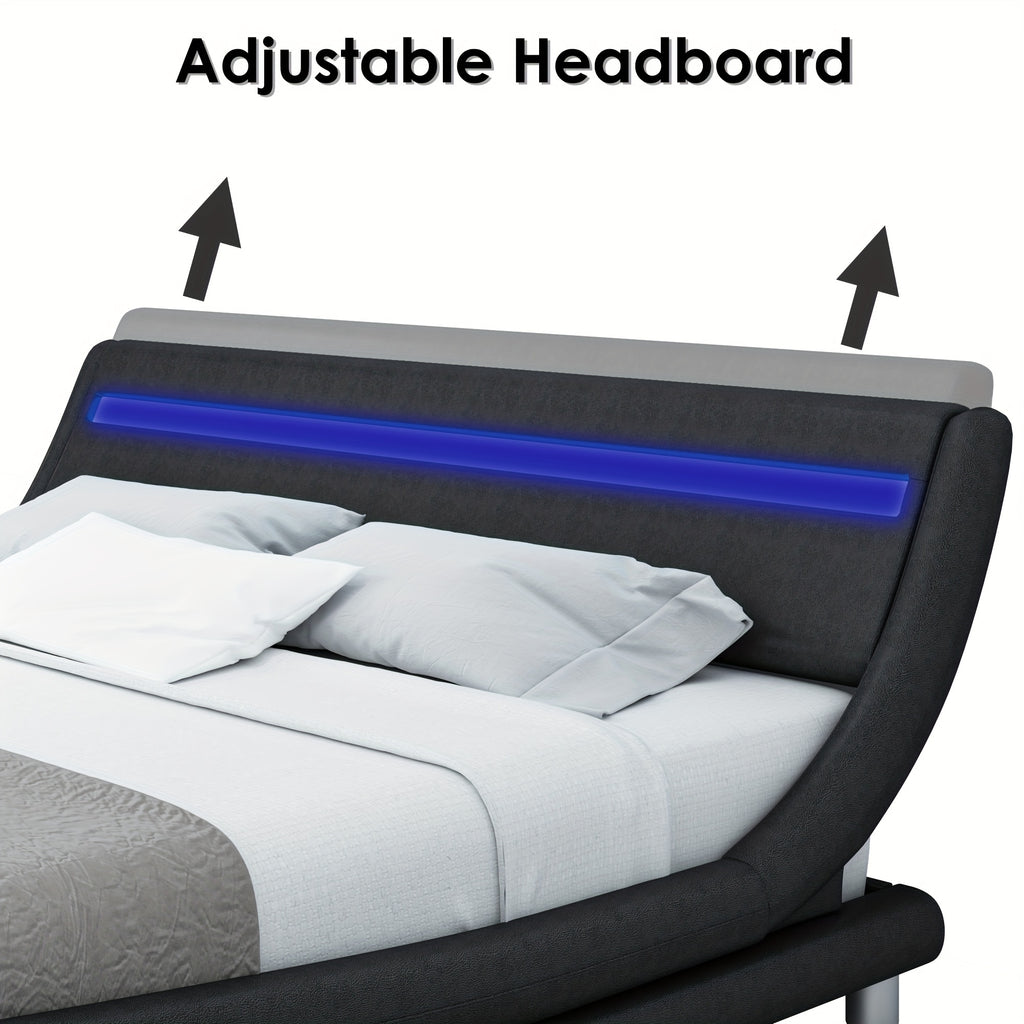 Modern Upholstered LED Bed Frame with Adjustable Headboard & Faux Leather Wave Bed - Metal Platform Bed Frame, No Box Spring Needed, Easy Assembly, Contemporary Bed for Small Spaces Suitable for Modern Bedrooms