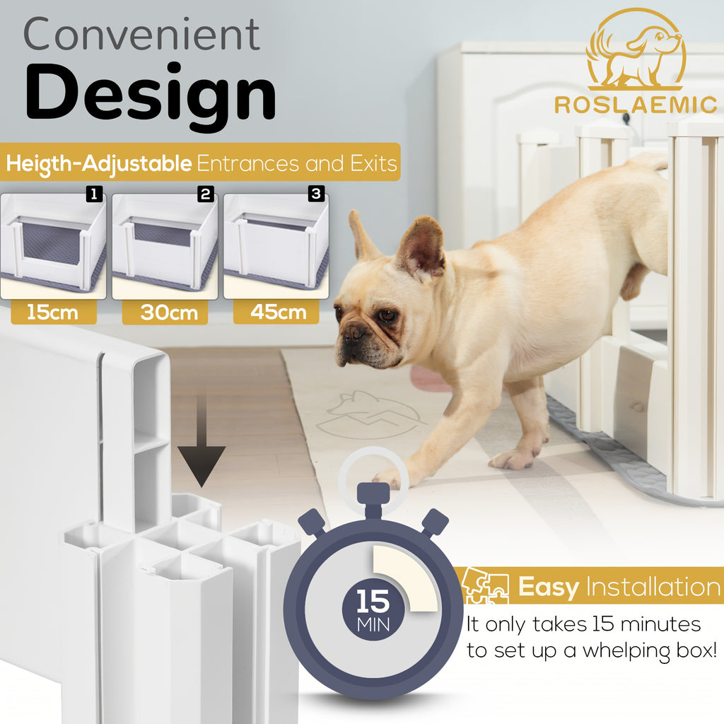 [Whelping Box For Dogs] Roslaemic 2-Rooms Whelping Box For Dogs And Puppies With Rails, 96" L X 48" W X 19" H, Suitable For Large/Extra Large Dogs, White