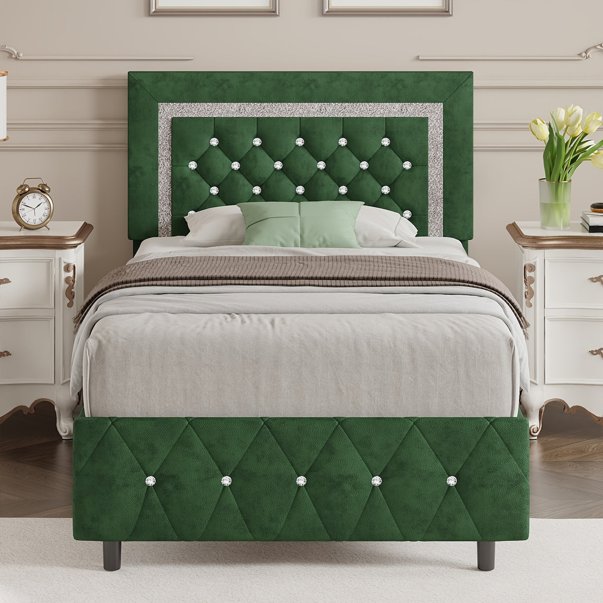 4ever2buy Twin Full Queen King Platform Bed Frame with Upholstered Diamond Headboard, Mattress Foundation with Strong Wooden Slats Support, No Box Spring Needed, Easy Assembly, Valentine's Day Gifts, Pearlized White, Black, Pink, Green, Grey, Beige
