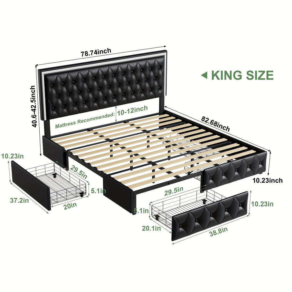 Full/Queen/King Size Modern Bed Frame with LED Headboard & 4 Storage Drawers - Upholstered Platform Bed, Button Tufted Headboard Suitable for Beige/White/Black - Assembly, No Box Spring Needed, Wood-Free