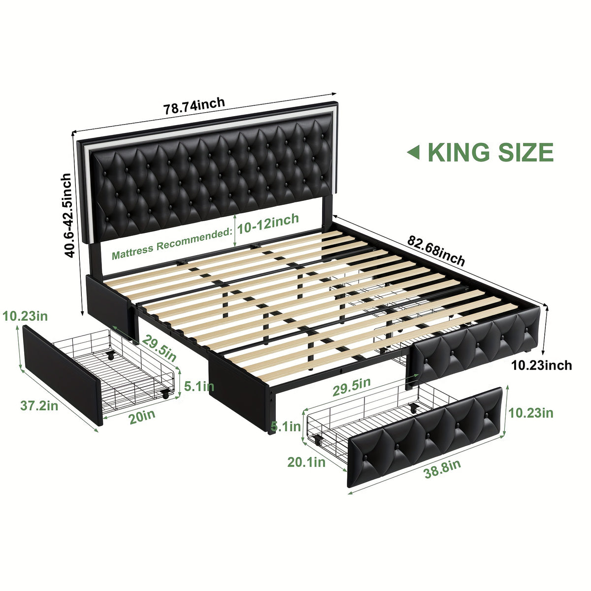 Full/Queen/King Size Modern Bed Frame with LED Headboard & 4 Storage Drawers - Upholstered Platform Bed, Button Tufted Headboard Suitable for Beige/White/Black - Assembly, No Box Spring Needed, Wood-Free