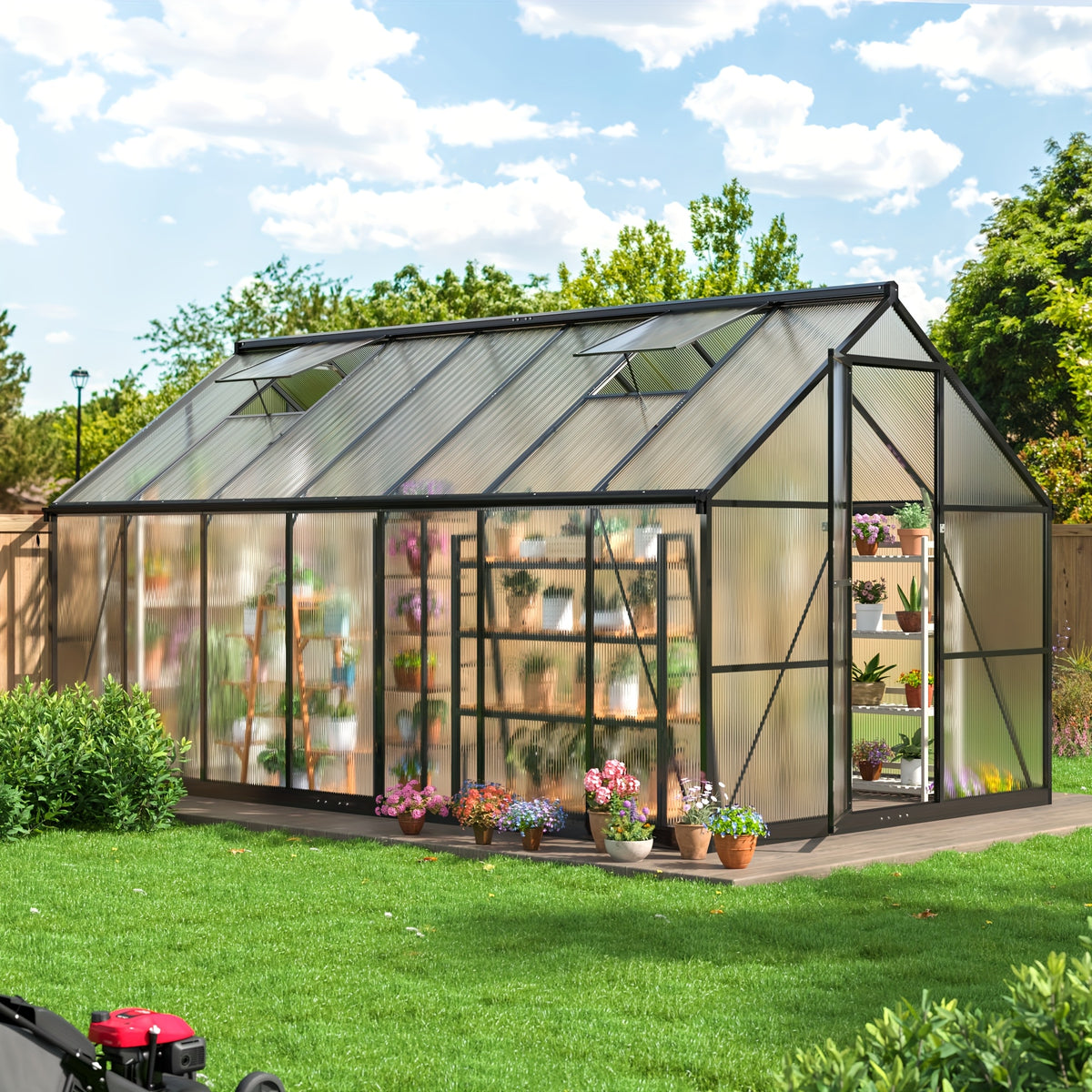 Spacious Outdoor Polycarbonate Garden House - Walk-in Design with Strong Aluminum Frame, Quick Setup, Roof Ventilation, and All-Year Round Protection - Ideal for Backyard Gardening and Greenhouse Use to Help Plants Flourish in Every Season