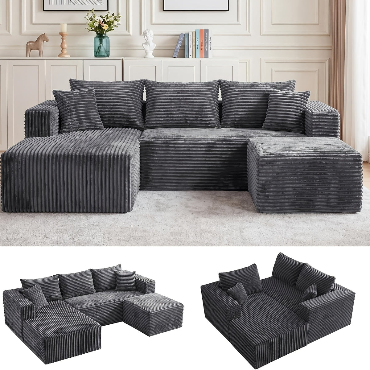 95 Inch L-Shaped Sectional Sofa, Fluffy Corduroy Cloud Sleeper Couch, Free Combination Boneless Sofa with Wide Chaise And Ultra-Deep Seating, Cozy Lounge Furniture for Apartment, Living Room, Easy Setup