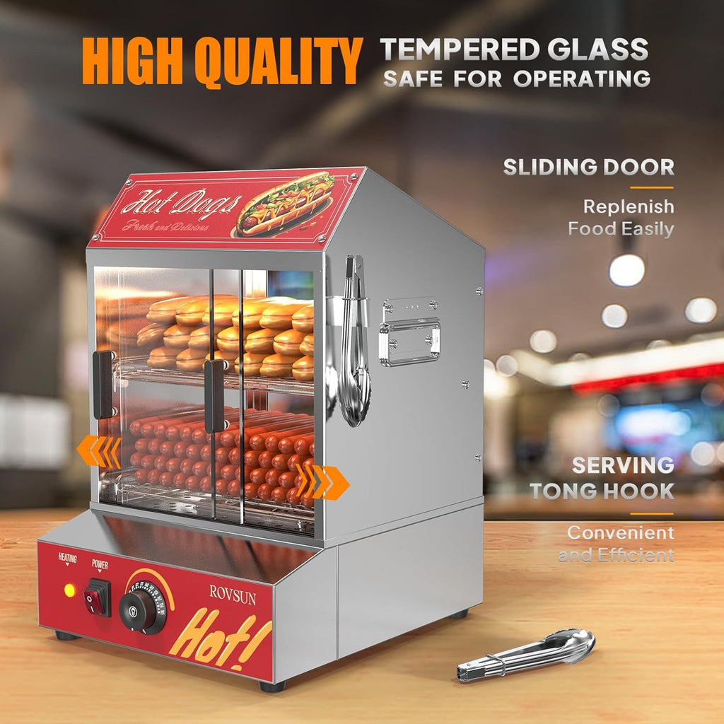 31.7QT/30L Hot Dog Steamer, Hut Steamer Hot Dog Steamer with Bun Warmer Cooker 175 Hot Dogs & 40 Buns Capacity with Removable Shelves Food Clip for Party Event Concession Stand 2-Tier
