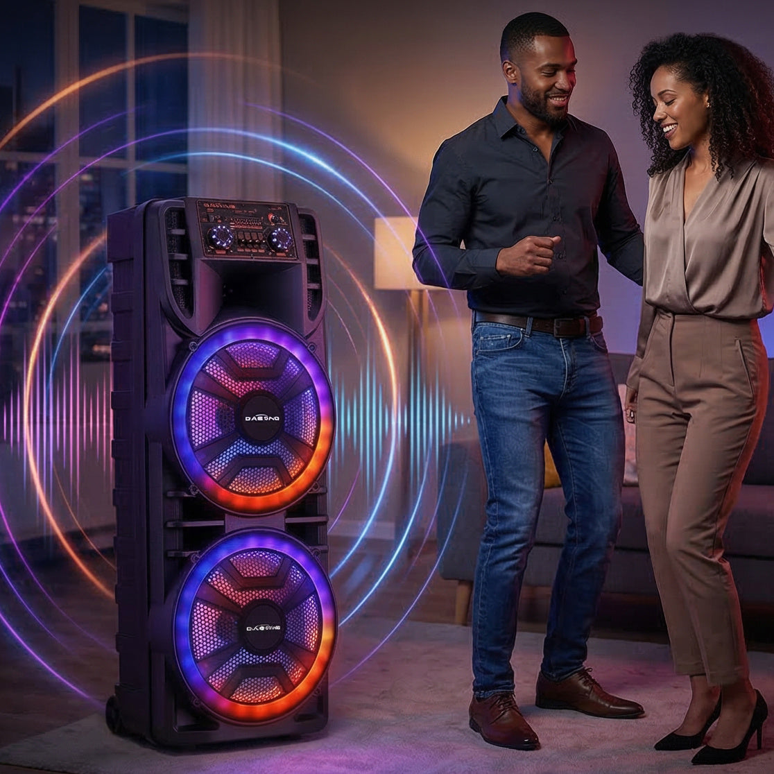 Rechargeable Bluetooth Party Speaker with Dual 12 Inch Woofers, Portable Karaoke System with Mic, RGB Lights, TWS, AUX/USB/TF/FM, Echo Control