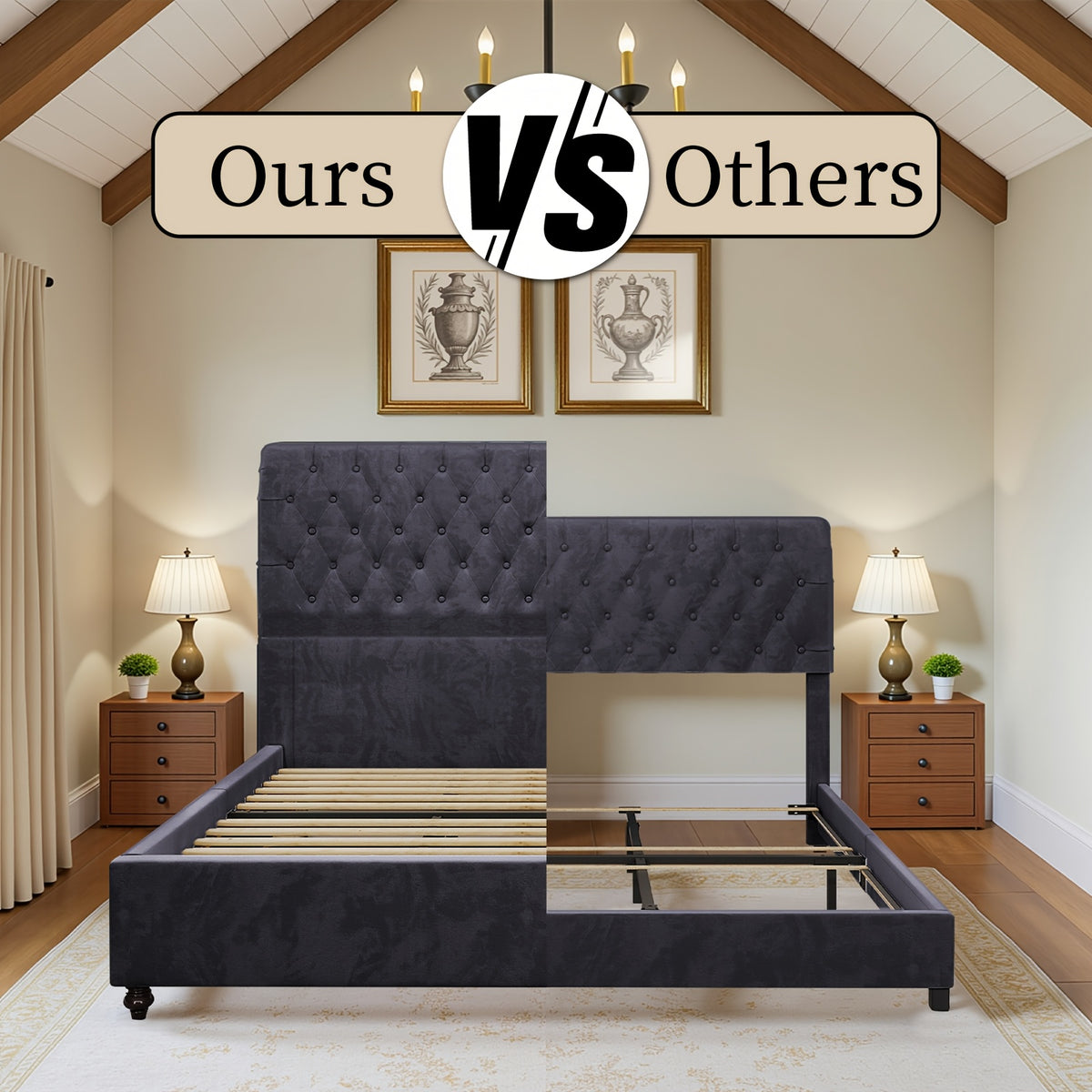 LUXOAK Bed Frame King/Queen Size, Velvet Tall Headboard King Bed Frame with Button Tufted 52.8" Tall Sleigh Headboard, No Box Spring Needed, Easy Assembly