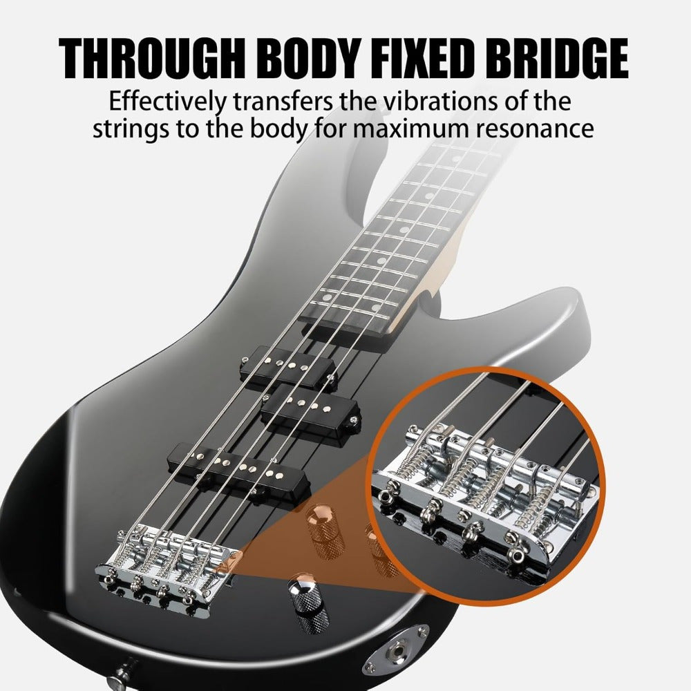 Electric Bass Guitar 4 String Bass Guitar with 20 Watt Amplifier, PJ Type Pickup, Naturally Air-dried Maple Neck, Rosewood Fretboard, Basswood Body