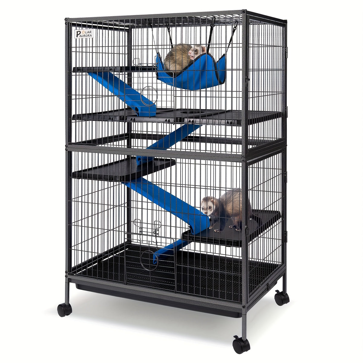 [5-Tier Metal Cage] Metal Small Animal Cage 5 Tiers Homes for Pets Removable Ferret Cage with Lockable Wheels, 50" H Deluxe Chinchilla Cage with Hammock and Removable Tray