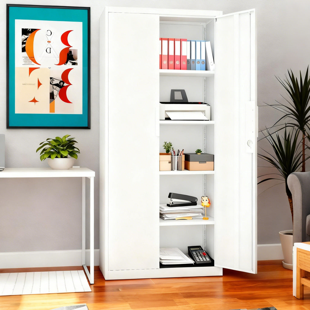 [Metal Storage Cabinet] 71"/72" Office Storage Lockers Metal Garage Storage Cabinet, Steel Locking Storage Cabinet With 2 Doors And 4 Adjustable Shelves For Home Office, Heavy Duty Metal Storage Cabinet For Warehouse, Kitchen, Garage, Black/White