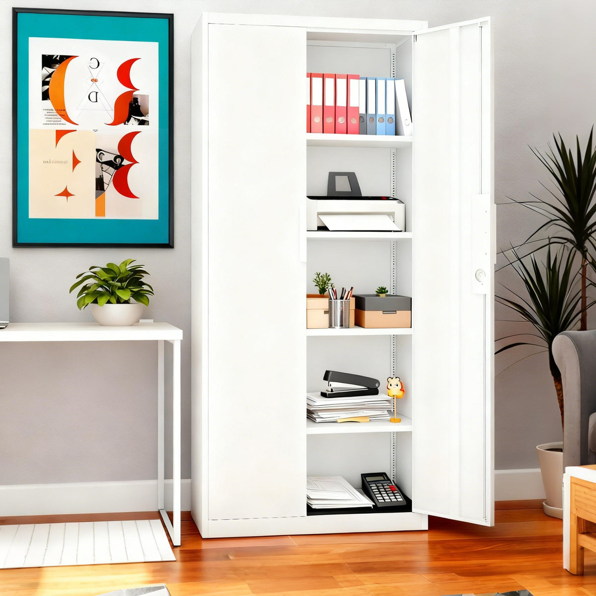 [Metal Storage Cabinet] 71"/72" Office Storage Lockers Metal Garage Storage Cabinet, Steel Locking Storage Cabinet With 2 Doors And 4 Adjustable Shelves For Home Office, Heavy Duty Metal Storage Cabinet For Warehouse, Kitchen, Garage, Black/White