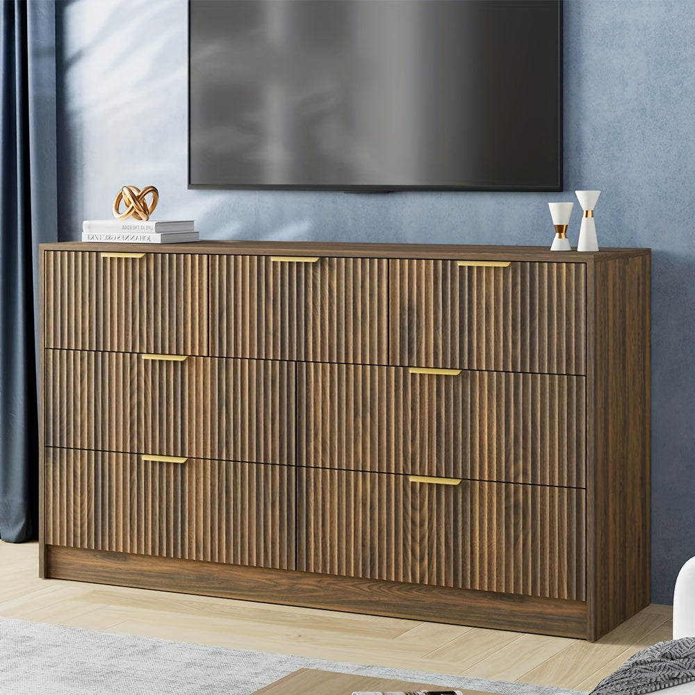 White/Walnut/Black 7 Drawer Dresser for Bedroom, Modern Fluted Dresser with Golden Metal Handles, Wide Chest Of Drawers for Bedroom, Living Room, Entryway, Hallway, 55.1" L X 15.7" D X 31.8" H, White 7 Drawer Dresser, Walnut 7 Drawer Dresser