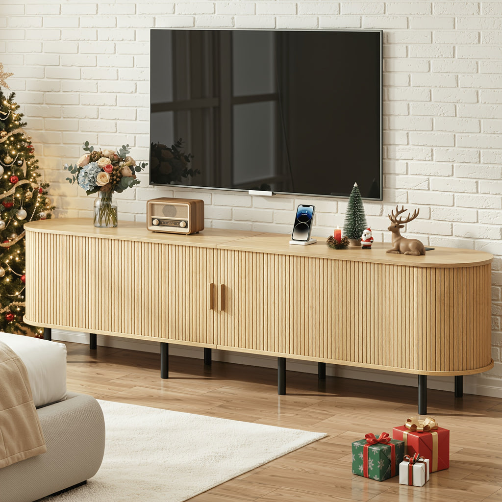 PAZCASA Wide Large TV Stand, Available in 86-inch/70.8-inch/55-inch Sizes, with Power Outlets, Suitable for 90-inch TVs. Sturdy and Durable Entertainment Center Featuring Adjustable Shelves, Sliding Doors, and Ample Storage Space. Modern Media