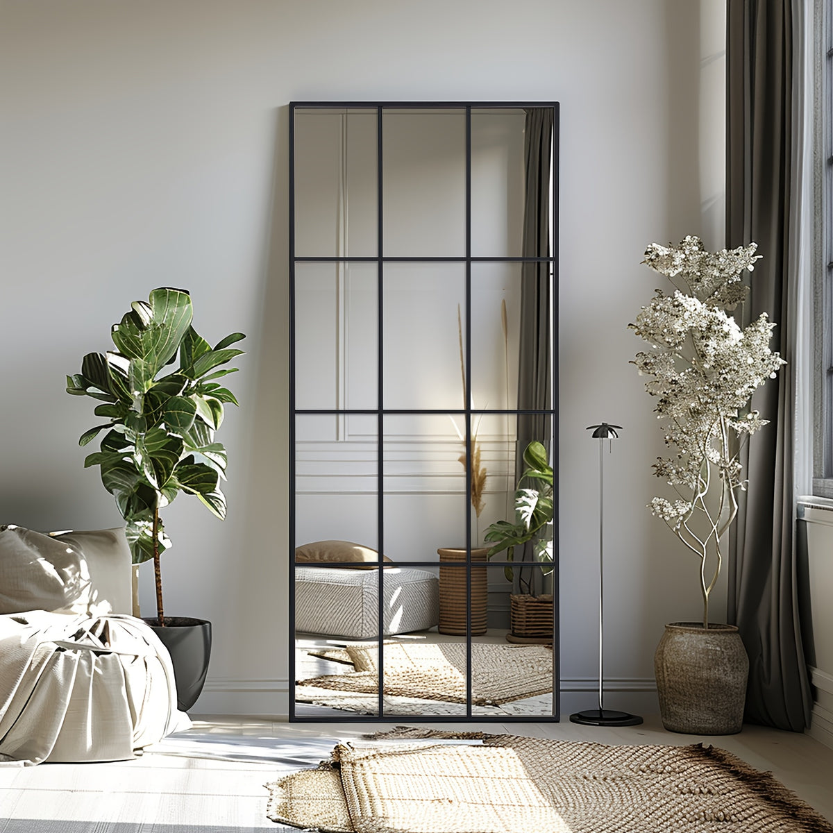 Windowpane Floor Mirror, Oversized Black Rectangular Grid Design for Bedroom, Living Room, or Entryway Decor