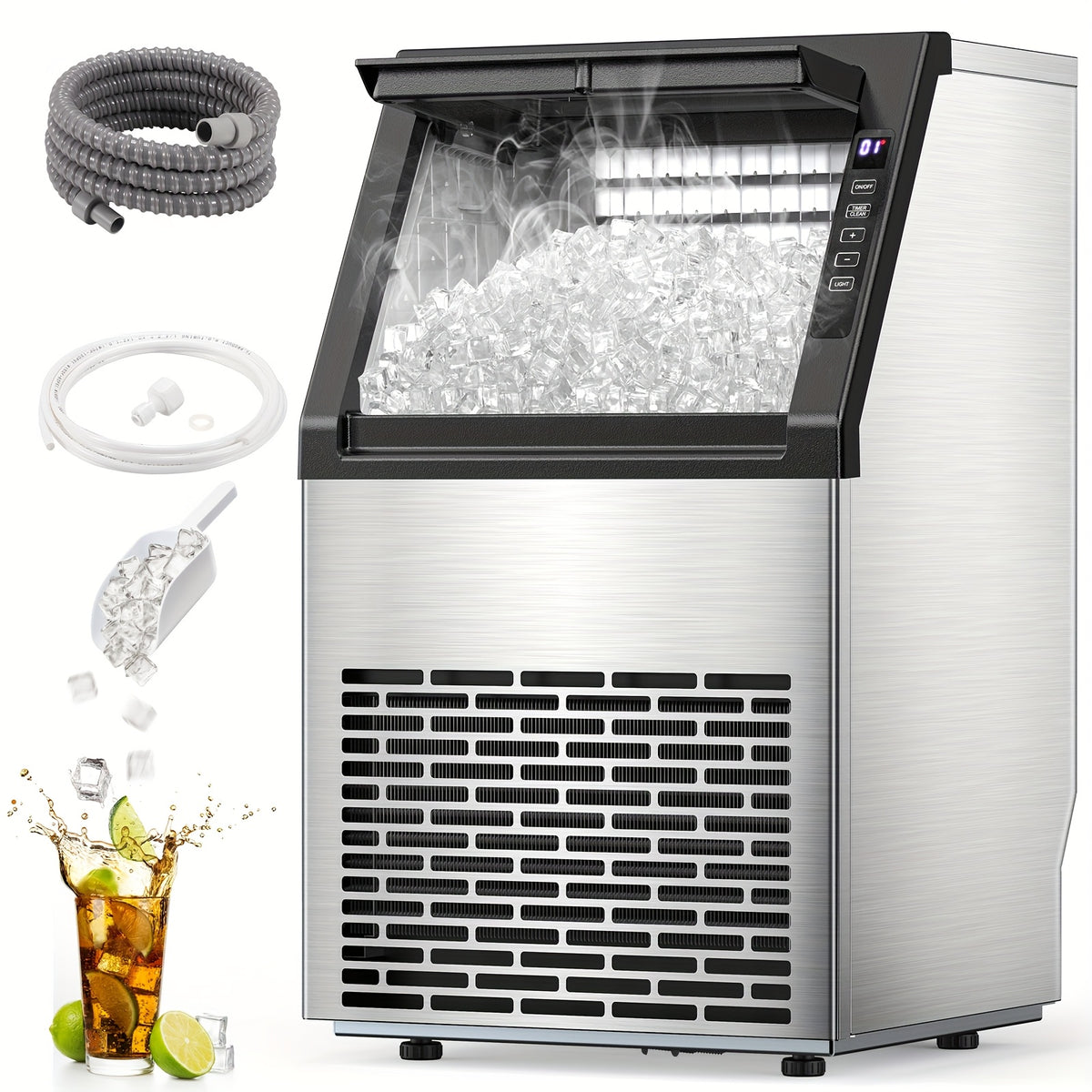 Large Ice Maker, 66Lbs/ 80Lbs/ 100Lbs Commercial Ice Maker, 24 Hour Timer, Self Cleaning Under Ice Machine, Automatic Full Ice Stop, Adjustable Ice Thickness And Ice Making Time, Suitable for Restaurants, Hospitals, Bars, Cafes, Laboratories