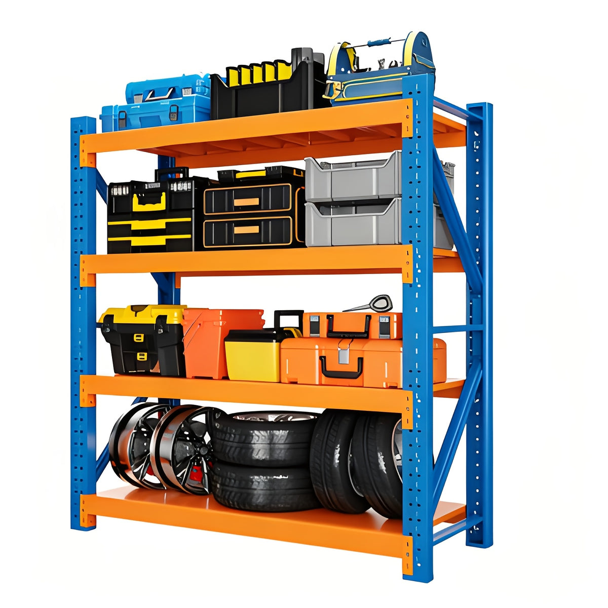 [4-Tier Garage Storage] Heavy-Duty Garage Shelving, 4-Tier Adjustable Garage Storage Metal Rack. For Home, Garage, Basement, And Laundry Room. Dimensions: 23.7" Deep X 59.1" Wide X 78.8" High. Color: Blue-Orange Storage And Organization