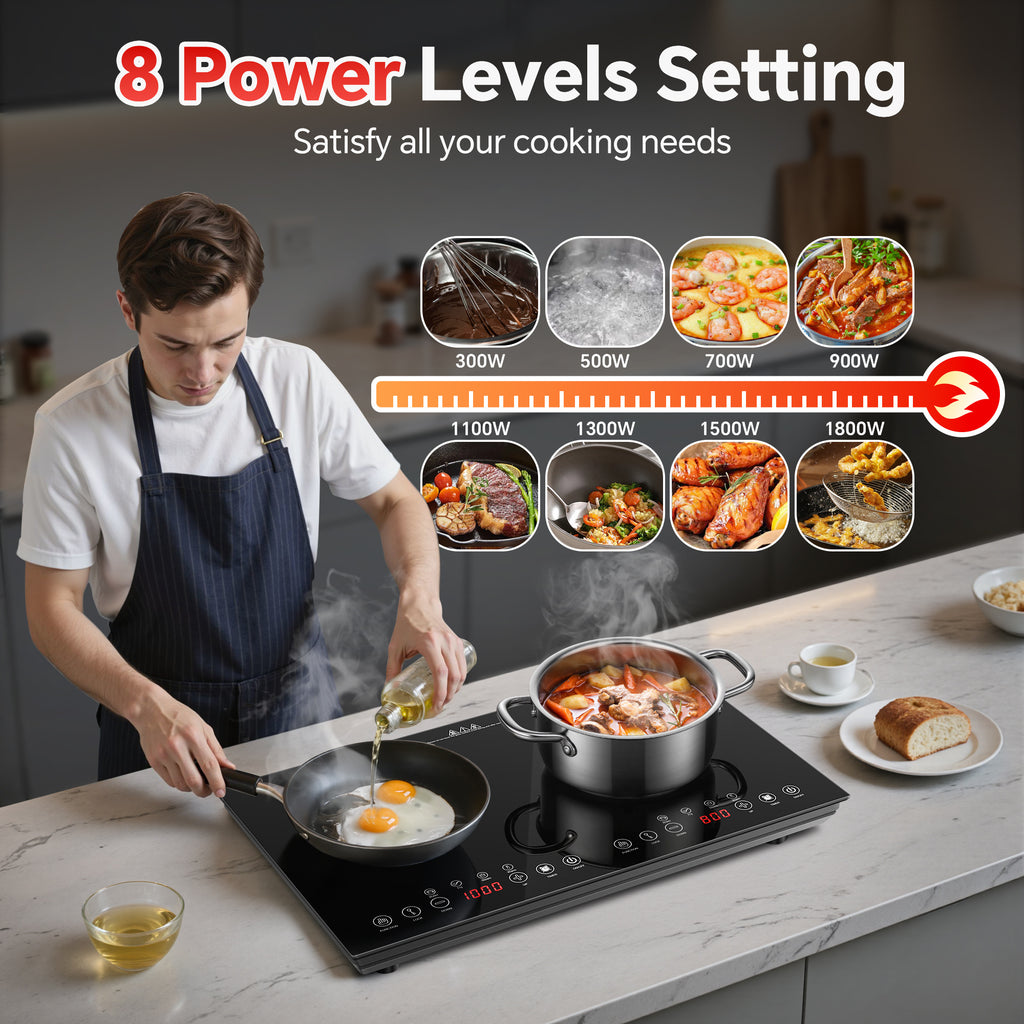 Portable Induction Cooktop 2 Burners, 1800W Double Induction Cooker with 8 Power Settings, 4 Pre-Set Modes, Ultra Thin Design, Sensor Touch Control, Child Safety Lock & Timer, Kitchen Electric Cooktop