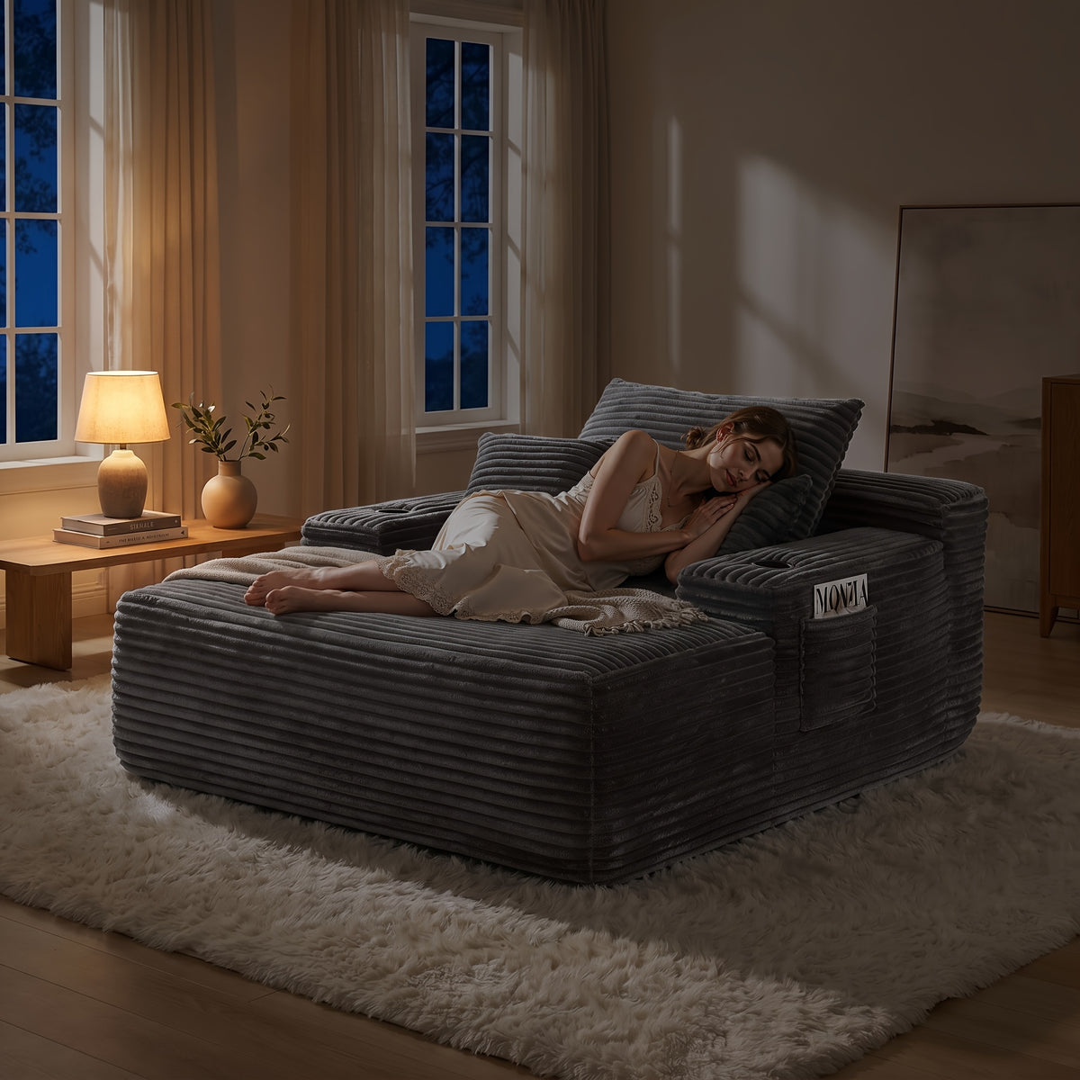 Extra-Large Boneless Sofa Chaise Lounge, with Cup Holder And Side Pockets, Living Room Sofa Chair Bed, Compressible High-Rebound Foldable Recliner, Supportive Pocket Spring System And High-Density Foam Padding, Non-Sinking Convertible Lounge Bed