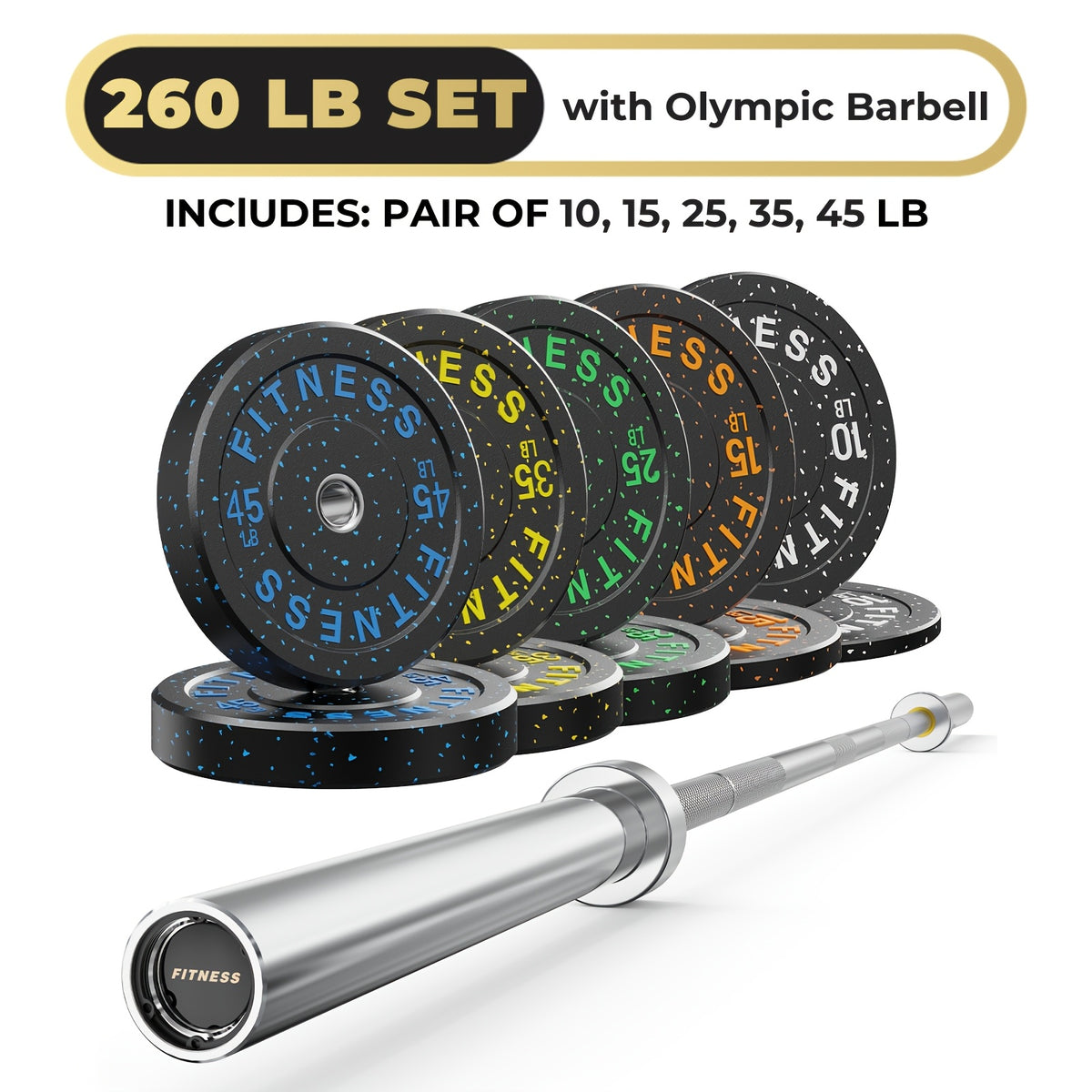 Rubber Bumper Plates with 7ft Barbell, 70LB to 410LB Heavy Duty Weight Plates + 2-Inch Barbell Combo, Bumper Plates with Steel Hub, Home Gym Strength Training for Deadlift Squat Bench Press, 1 Barbell Per Set