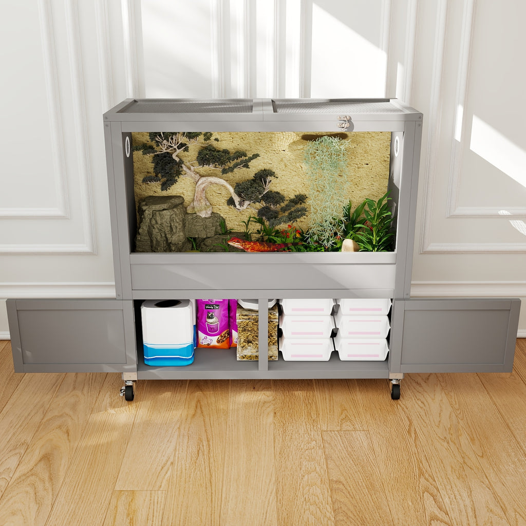 [Reptile Terrarium Stand] 50 Gallon Reptile Terrarium Stand, Adjustable Storage Cabinet, Wheels & Metal Mesh Roof Door, Reptile Habitat Enclosure for Snake/Lizard/Gecko/Tortoise