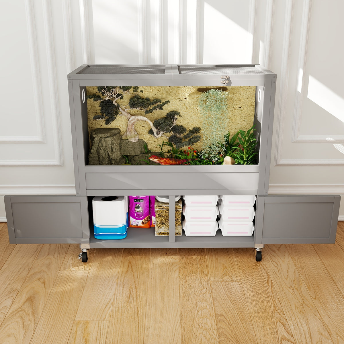 [Reptile Terrarium Stand] 50 Gallon Reptile Terrarium Stand, Adjustable Storage Cabinet, Wheels & Metal Mesh Roof Door, Reptile Habitat Enclosure for Snake/Lizard/Gecko/Tortoise