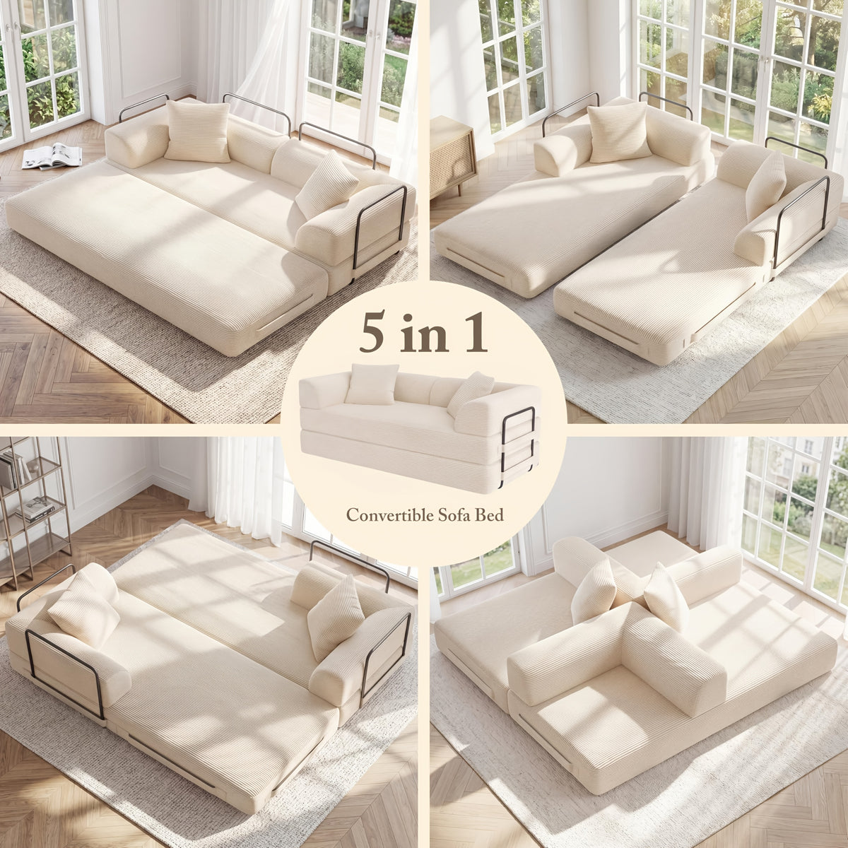 Futon Sets Convertible Floor Sofa Bed With Fixed-Shape Frame, King Size Floor Sleeper 5-in-1 Combination Modular Sofa, Modular Folding Mattress Couch For Living Room Bedroom Playroom