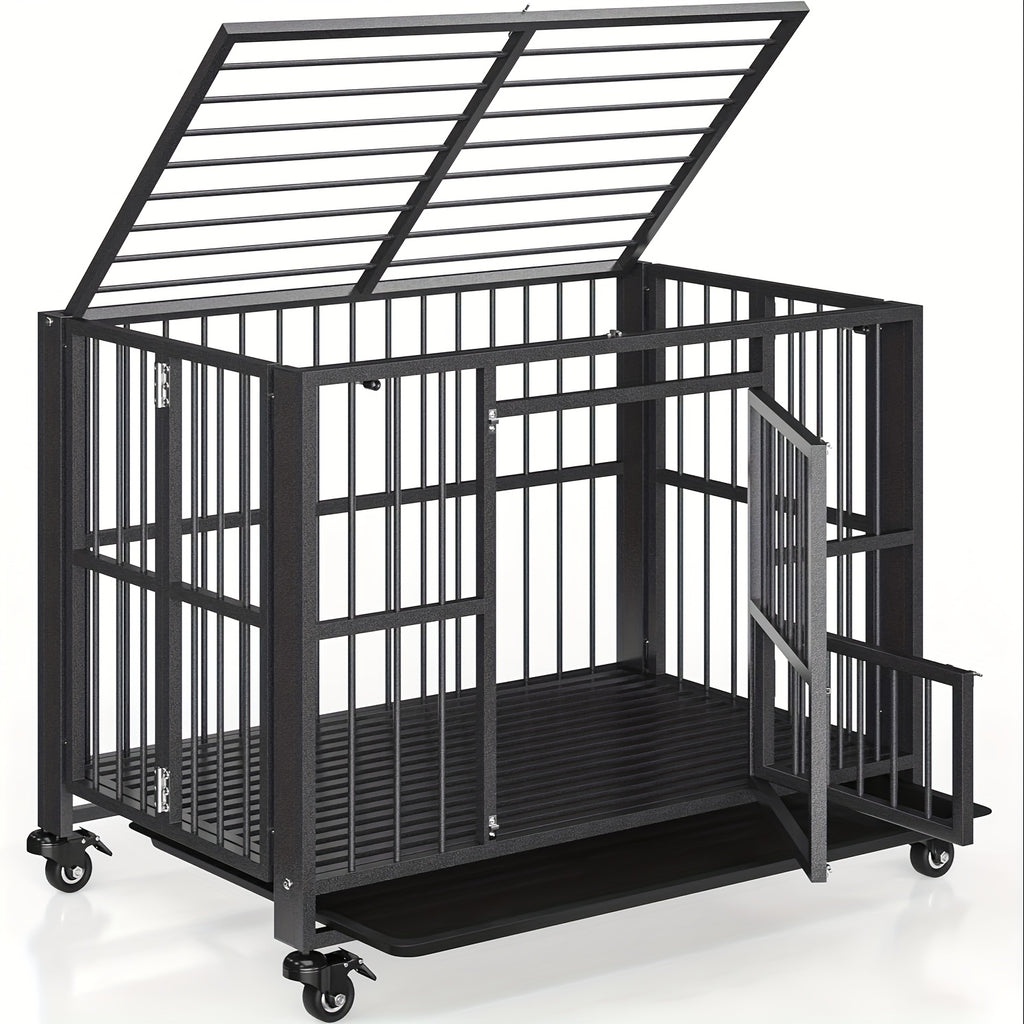 Polar Aurora Heavy Duty Dog Crate, Foldable Indestructible Dog Kennel, Escape Proof Extra Large Dog Cage With Lockable Wheels, High Anxiety Pet Playpen With Double Door For Indoor/Outdoor Use.