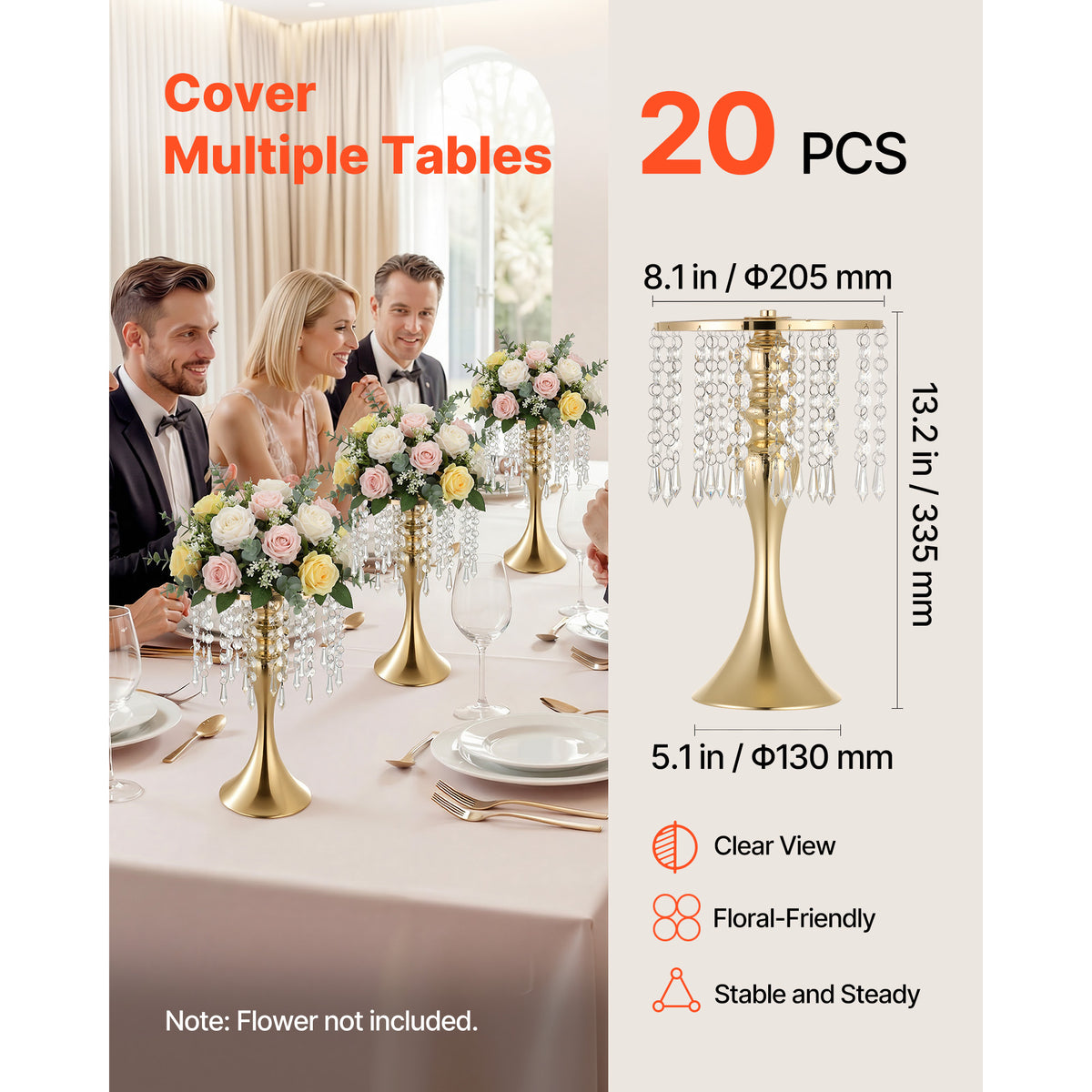 VEVOR 20 PCS Wedding Flower Vase, 13.4 in Tall Flower Table Centerpieces, Crystal Banquet Vases Easy Installation, Electroplated Finish, Versatile Arrangement Stand for Party Events Home Decor, Gold