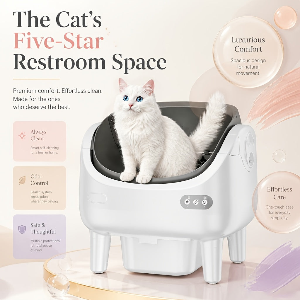 [Self-Cleaning Litter Box] Extra-Large Smart Self-Cleaning Litter Box with Built-In Sterilizing Light for Double Deodorization, Large-Capacity Waste Tray, 14-Day Automatic Cleaning, Open Design, Ideal Choice for Busy Households, Without Battery