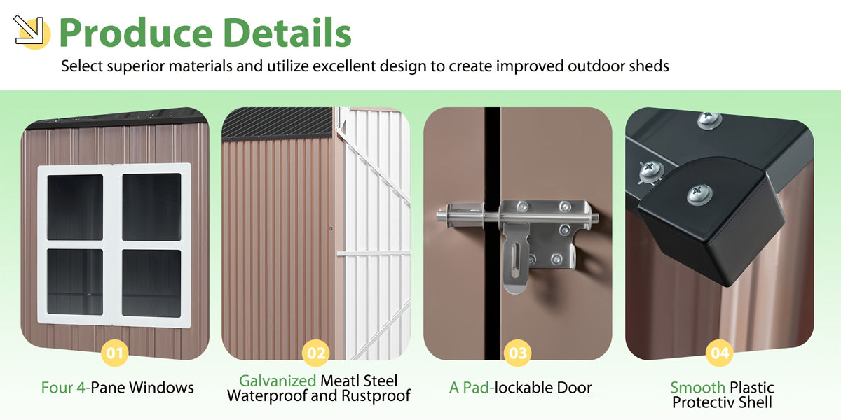 ULSMVOC 12X20X9.3/10X12/6X4 FT Metal Storage Shed - Outdoor Garden Shed Kit, Lockable Tool Shed, Backyard Shed with Double Hinged Doors, 4 Windows, Carport for Car, Truck, Bike And Lawn Mower & Equipment, Brown