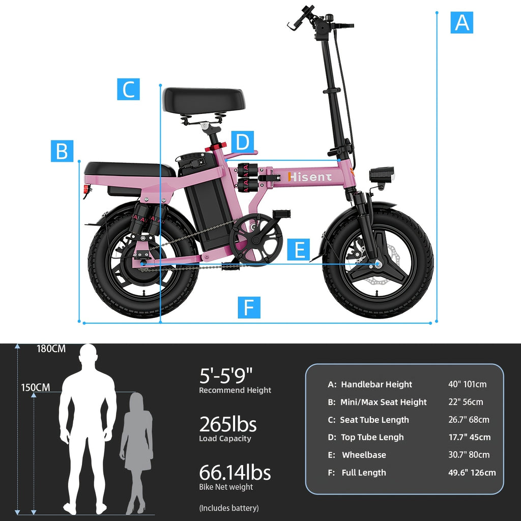 [Hisent New Upgraded Foldable Electric Bike]Rated Power: 500W, 48V 10AH-17.5AHLithium Battery, Range: 12-35 Miles (optional); Speed: 19.9 Miles Per Hour; 14-inch Tires, Available In Basic And Shock-absorbing Models; Suitable for Commuting