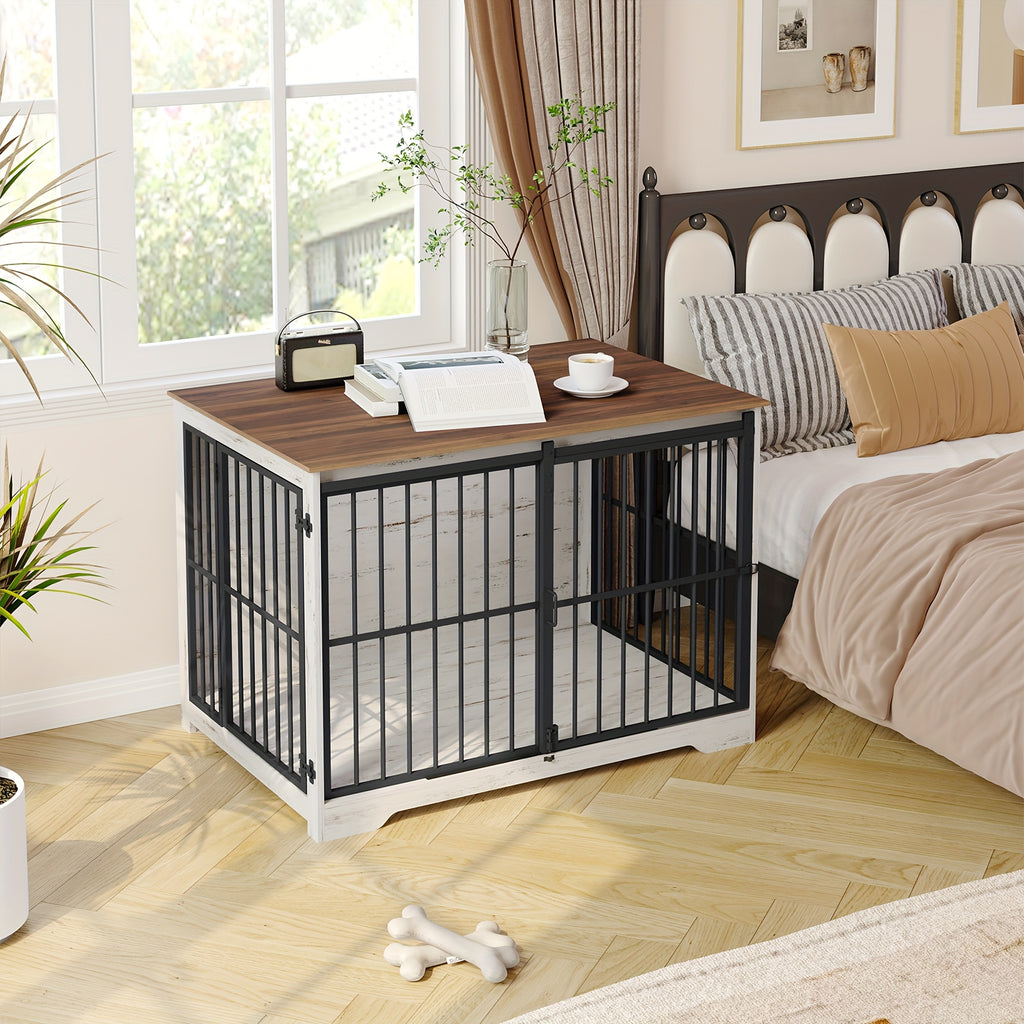 XL Large Dog Crate Furniture, 44.1" Indoor Dog Kennel Furniture with Barn Door, Wooden Tall Dog Crate, Heavy Duty Dog Cage for Large Dogs, Side End Table, Anti-Chew, Rustic Brown, Black, Greige Black, White Brown