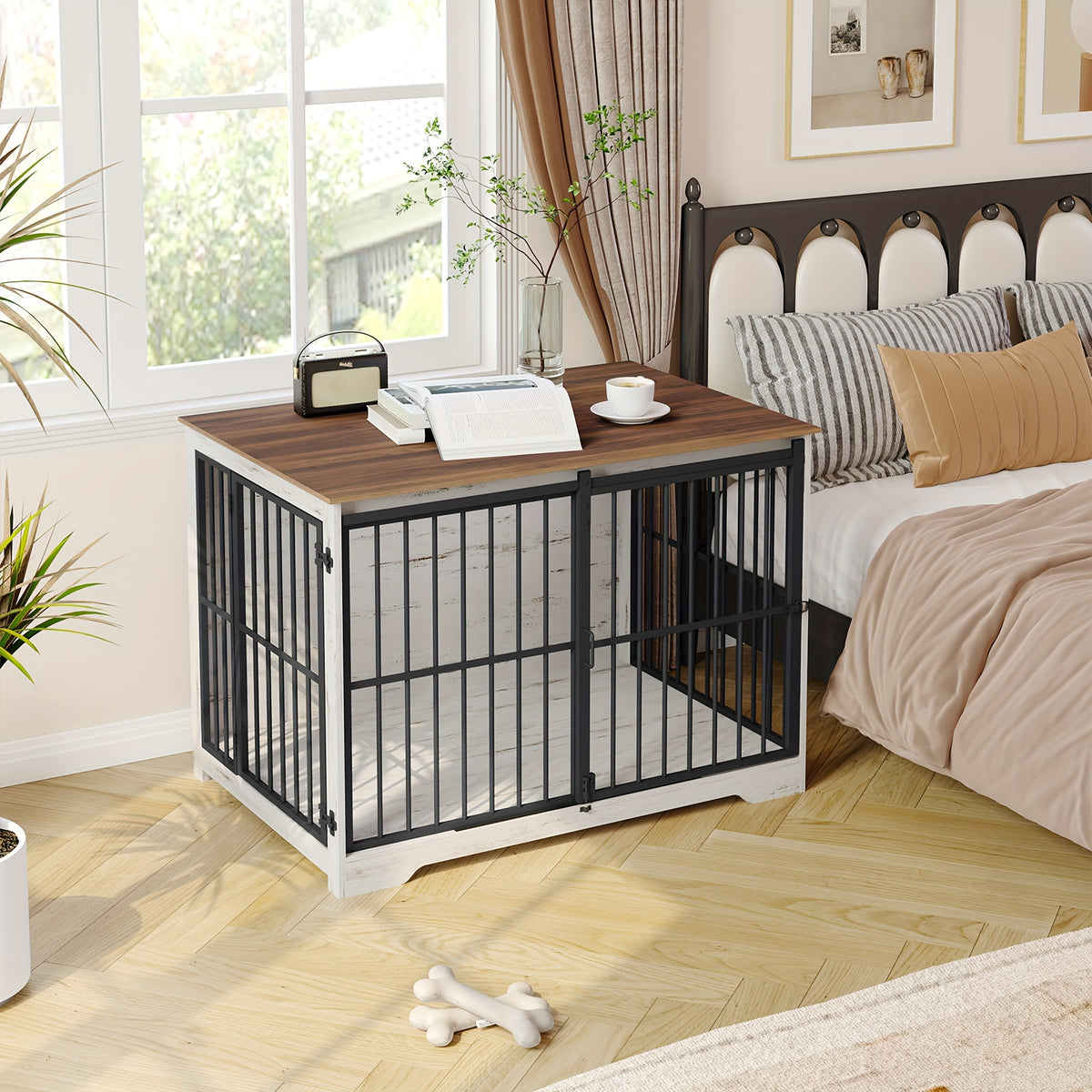 XL Large Dog Crate Furniture, 44.1" Indoor Dog Kennel Furniture with Barn Door, Wooden Tall Dog Crate, Heavy Duty Dog Cage for Large Dogs, Side End Table, Anti-Chew, Rustic Brown, Black, Greige Black, White Brown