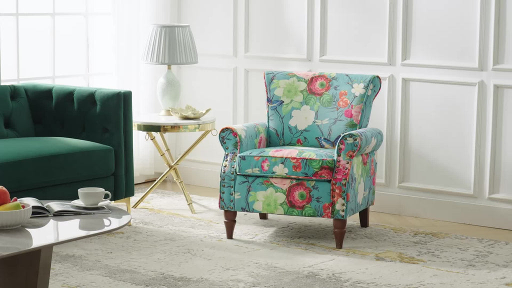 Modern Wingback Accent Chair with Wood Legs & Removable Cushion, Stadium Seats for Sports Fields, Sport Event, Comfy Upholstered Armchair with Nailhead Trim, Floral Pattern Sofa Chair for Bedroom Living Room, Floral