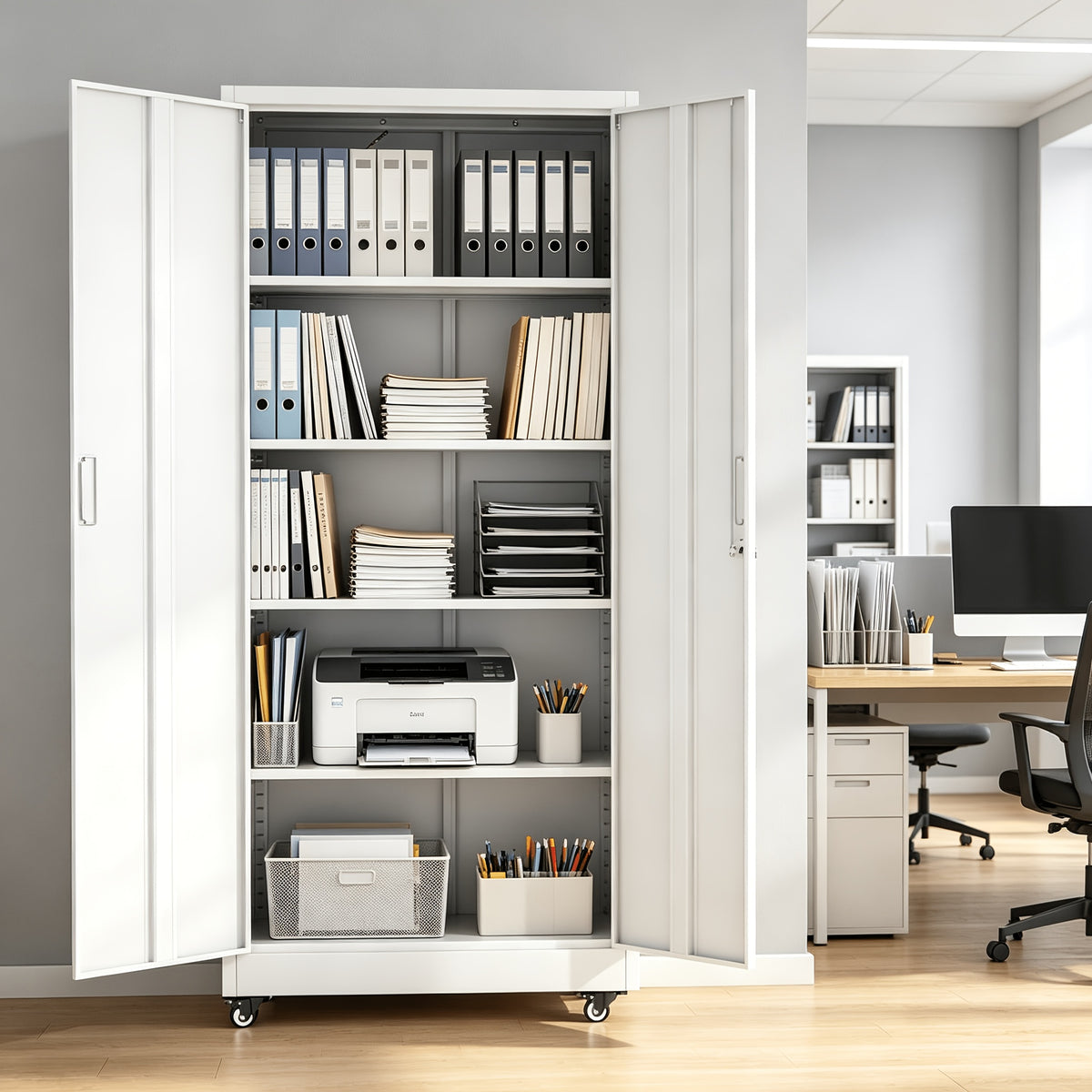 75''/72''*32''*16" Metal Pulley Office Storage Cabinet, Rollable Metal Cabinet, with Wheels, Locking Door And Adjustable Shelves, Suitable for Steel Tool Cabinets In Home Offices, Garages, And Warehouses, Black/White