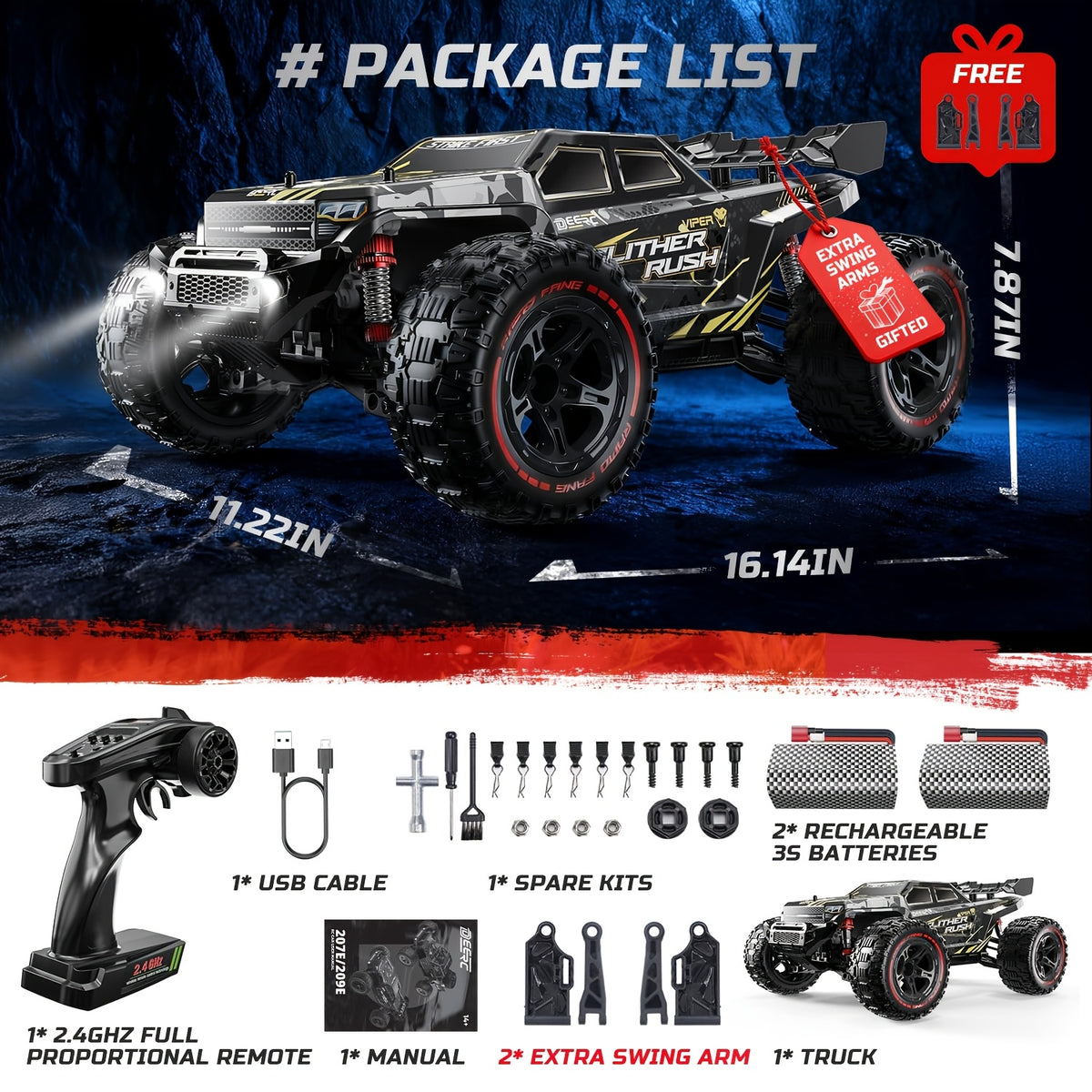 DEERC 1:10 Fast Brushless RC Car for Adults, Max 65KM/H, High-Speed 4WD Off-Road Remote Control Truck with 2 X 3S Batteries And Extra Swing Arms. Non-Toy Product, Intended for Professional Users, Collectors