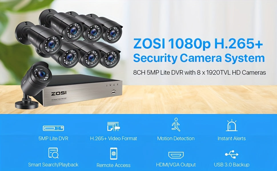ZOSI H.265+ 8CH 5MP Lite DVR with 8 Units of 2MP 1080P HD Home Security Cameras, Featuring CCTV IR Night Vision, Automatic Motion Tracking, Instant Alerts, LED Indicators, Manual Configuration, And Support for Multiple Languages