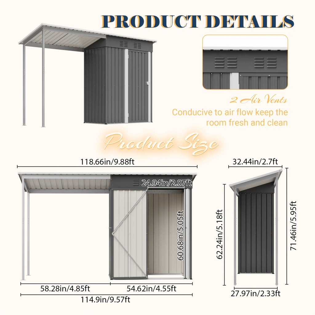 Outdoor Shed + Pergola Combo | Waterproof | Lockable | Air Vents | Store Tools/Grill/Bike