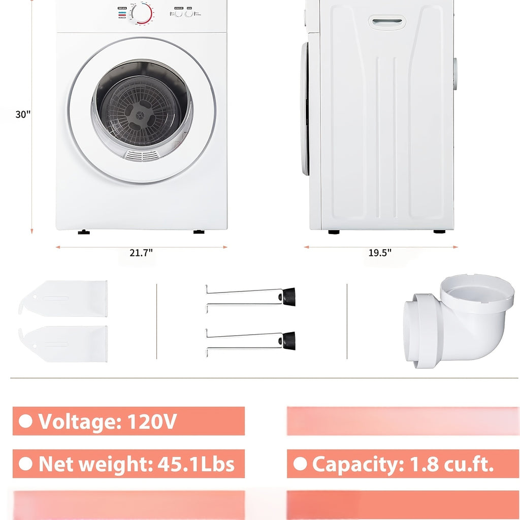 110V-1400W Portable Compact Laundry Dryer, 1.5/1.8/2.75 Cu.ft Capacity, Front Load Stainless Steel Tub, with Exhaust Duct, Four-Function Control, Ideal for Apartment, RVs, Dorms, White