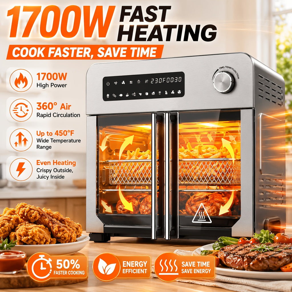 24QT Air Fryer Oven, 1700W French Door Air Fryer with 10 Presets, Dual Fan Air Circulation, 450°F Fast Heating, Rotisserie, Dehydrate, Keep Warm, Large Family Countertop Toaster Oven
