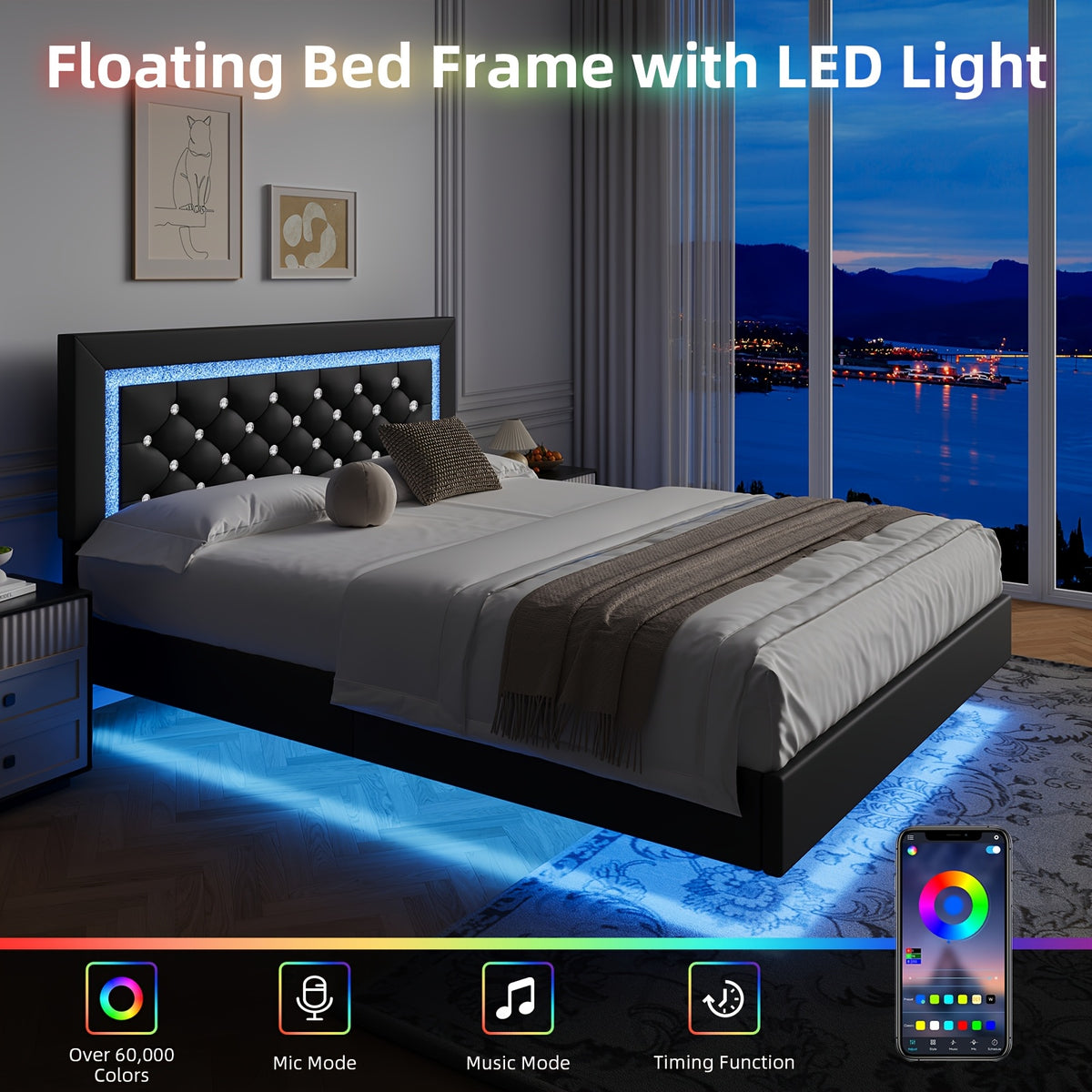 Twin Full Queen King Size Floating Black/White/Pink Bed Frame with LED Lights, Platform Bed with Diamond Tufted Headboard, Wood Bed Frame, Bed Frame Queen Size No Box Spring Needed, Noise Free, Easy Assembly, Black/White/Pink