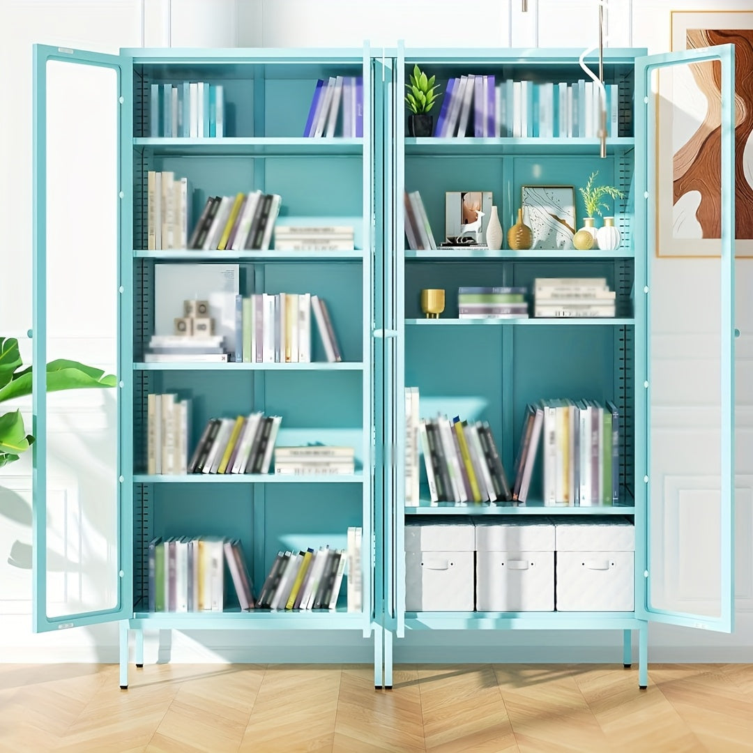 Metal Glass Display Cabinet With Five-Tier Storage Shelves Tall Glass-Door Display Cabinet Steel Storage Cabinet Display Unit Ideal For Home Offices And Living Rooms (Blue/Pink/White/Black)