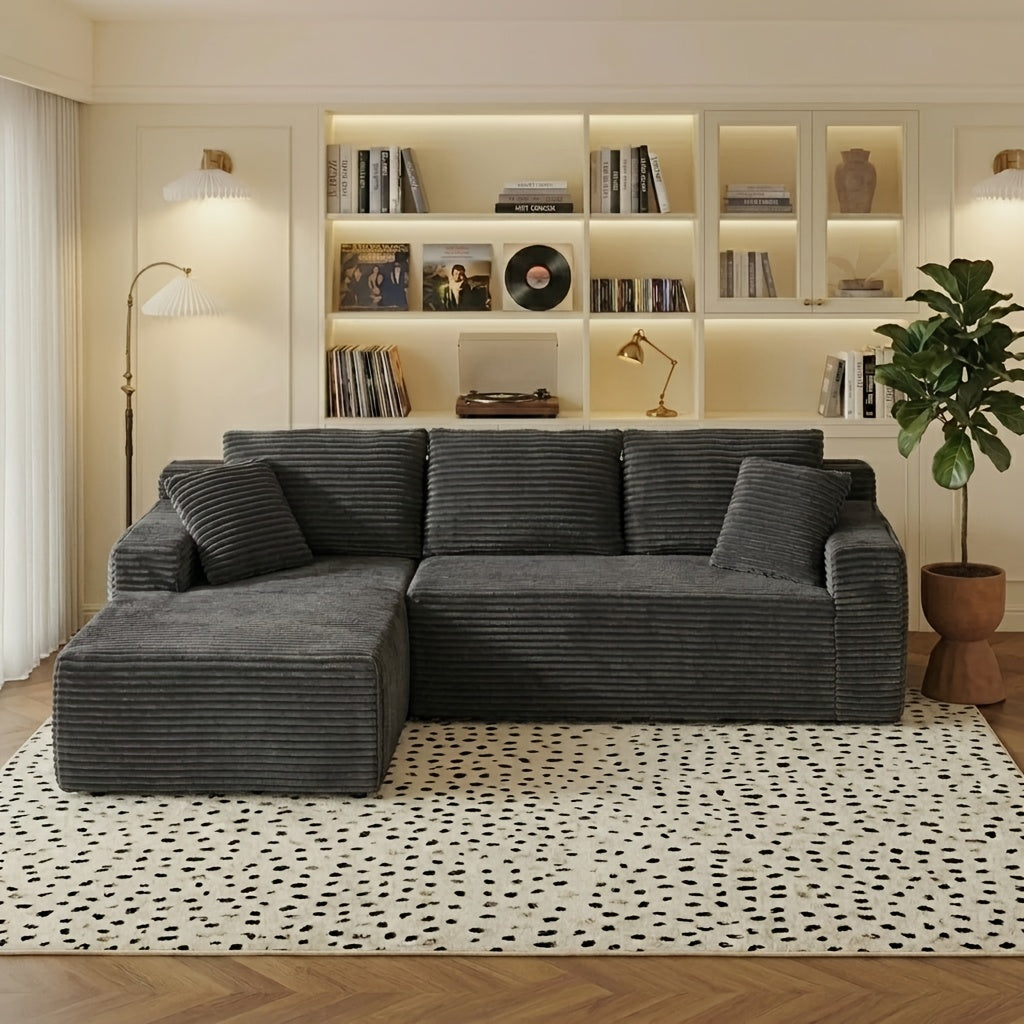 96.1-inch Modern Modular L-shaped Combination Sofa, 3-seater Corduroy Fabric with Deep Seat Oversized Left Facing Lounge Chair, Invertebrate 3-seater Sofa, No Assembly Required, Cat Paw Resistant - Suitable for Living Rooms And Apartments